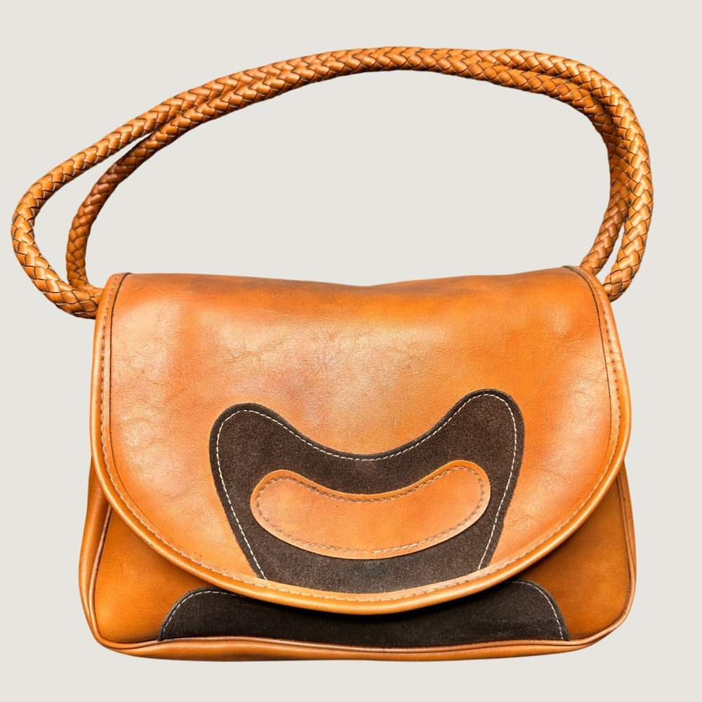 Vintage Tan Leather Shoulder Bag with Braided Strap Suede Inlay Boho Coastal